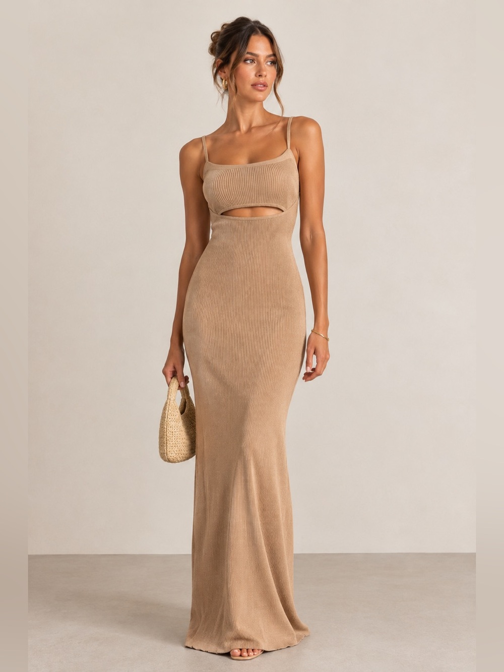 DISSH Carlie Wheat Cut Out Ribbed Knit Nude Beige Maxi Dress size Medium